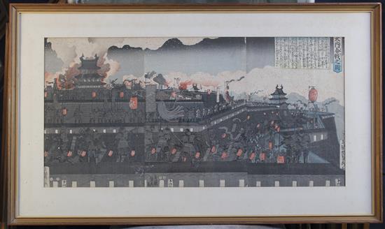 Sadahide Battle of Ouchi Castle (Osaka Castle assault), c.1851, 13.75 x 27.5in.